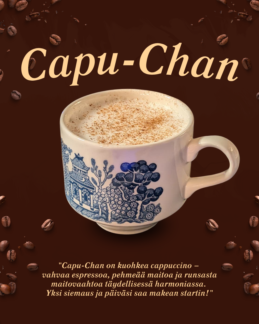 Capu-Chan erikoiskahvi kauniissa kupissa - Lounge Turku gluteeniton kahvila